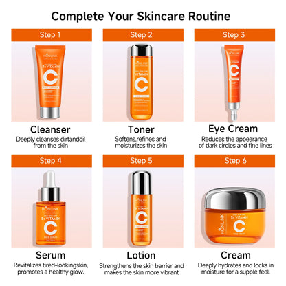 Korean 5X Vitamin C Skincare Set, 6-In-1 Skincare Gift Set with Cleanser, Toner, Serum, Lotion,Eye & Face Cream - Moisturizing Skincare Kit