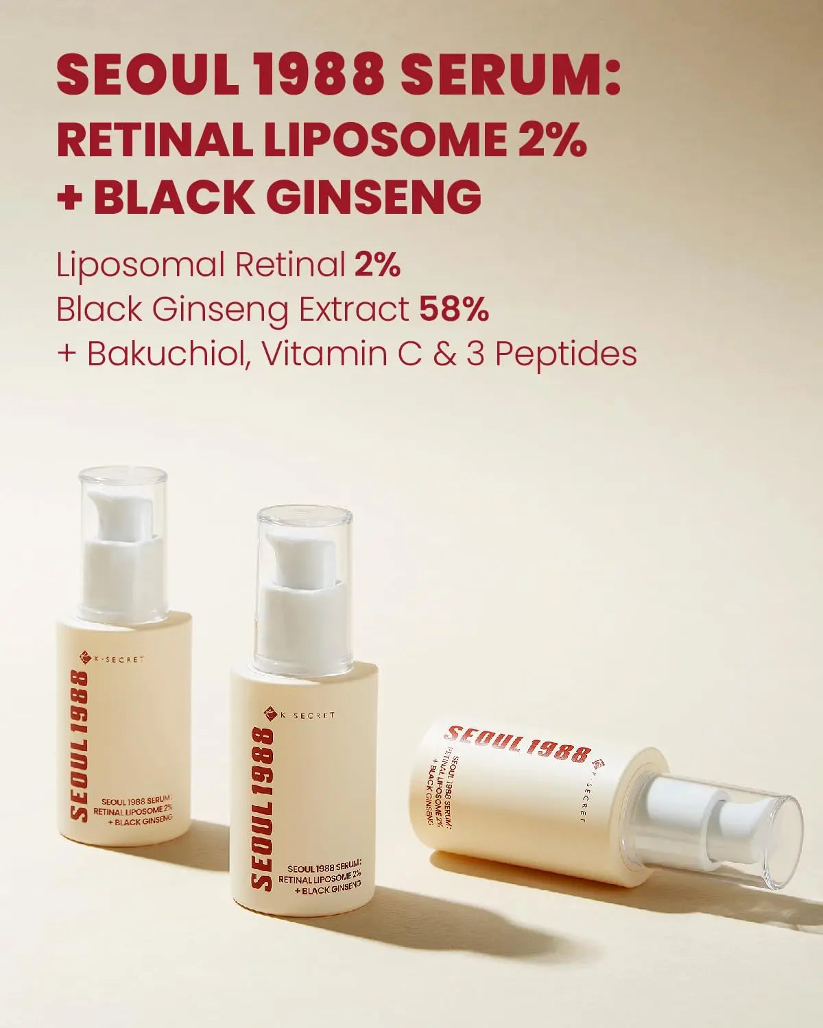 KSECRET SEOUL 1988 Serum : Retinal Liposome 2% + Black Ginseng, 30Ml/1.01Fl.Oz | 58% Black Ginseng Extract | Retinal Serum, Bakuchiol, Vitaminc&3Peptides for Wrinkle Care | Korean Skincare | Seoul1988 Comfort Nourishing Skin Repair