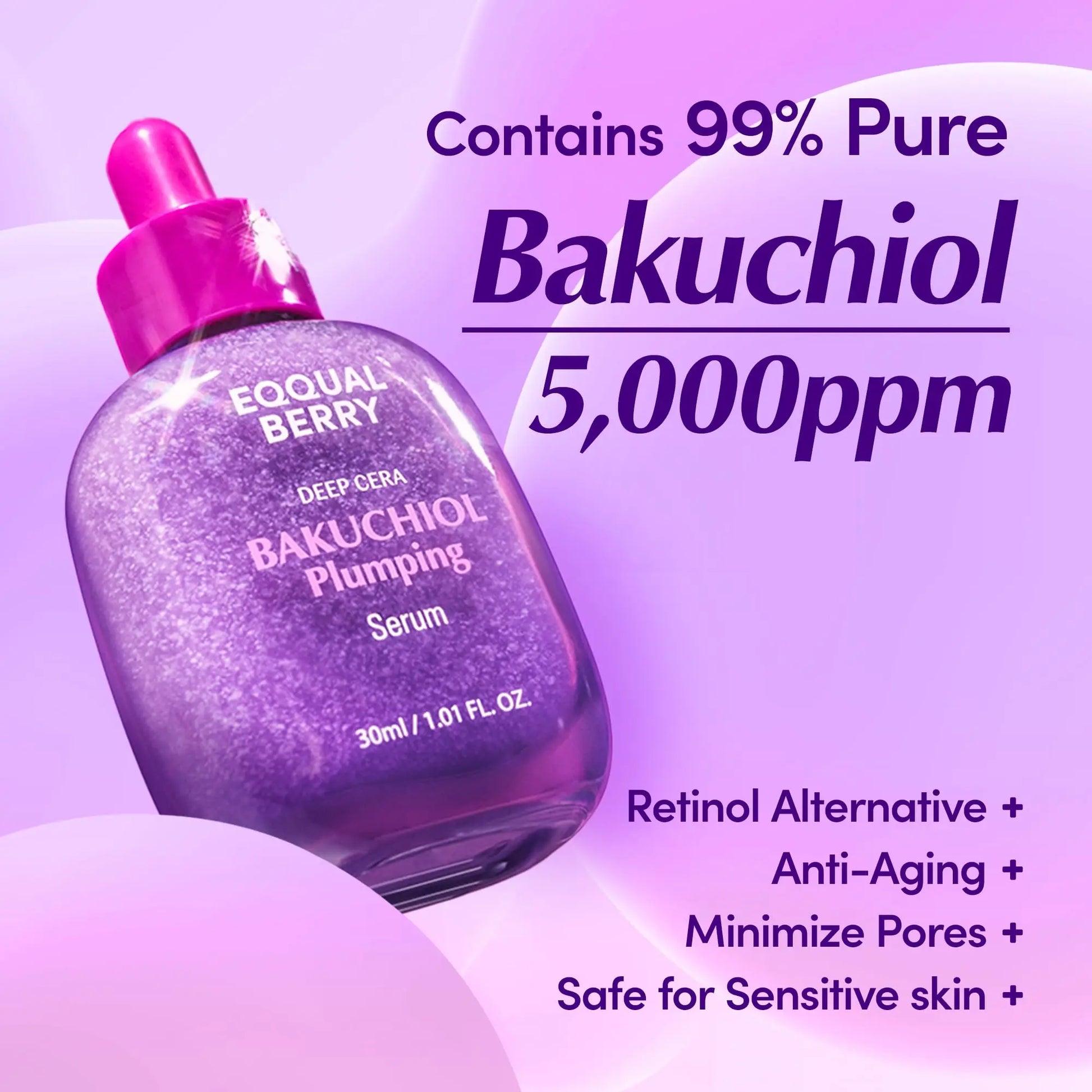 EQQUALBERRY Bakuchiol Plumping Serum – Pore and Wrinkle Minimizer | Retinol Alternative for Sensitive Skin | Enhances Firmness and Elasticity with Ceramide, 1.01Oz / 30Ml