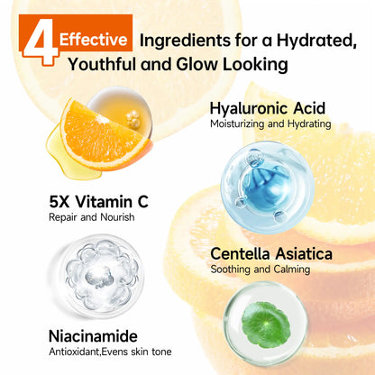 Korean 5X Vitamin C Skincare Set, 6-In-1 Skincare Gift Set with Cleanser, Toner, Serum, Lotion,Eye & Face Cream - Moisturizing Skincare Kit