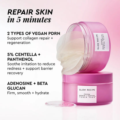 Glow Recipe PDRN+ Repair + Soothe Korean Toner Pads - Korean Facial, Repair Skin, Reduce Redness, Vegan