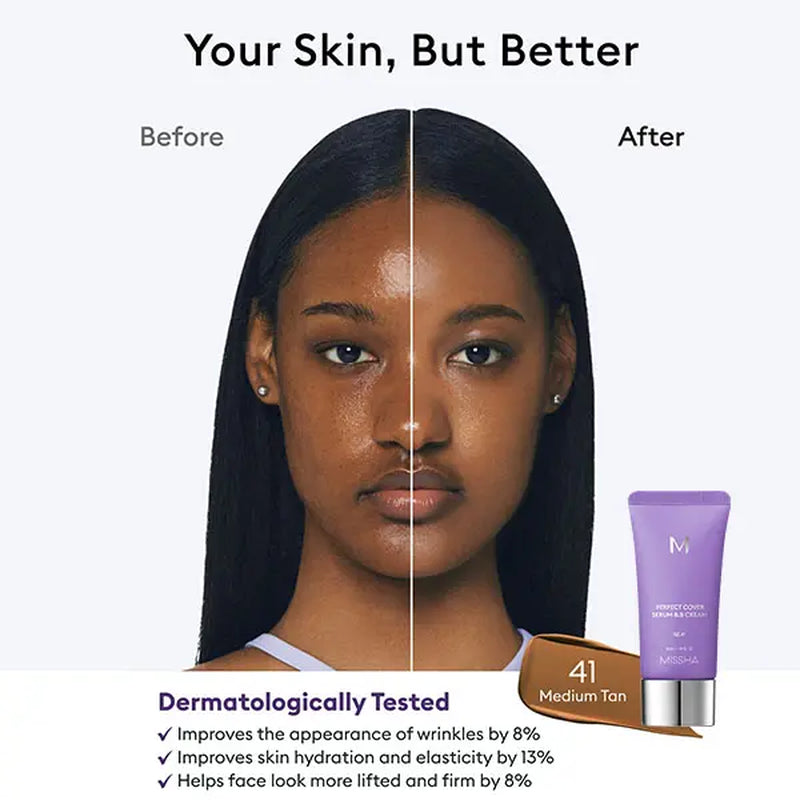 [MISSHA Official] M Perfect Cover Serum BB Cream (35Ml) - Bifida Ferment Lysate Serum-Infused BB Cream for Anti-Aging Skin Rejuvenation, Skin Tint, Tinted Moisturizer, Skin Care Foundation Makeup,Superfood Complex,Glass Skin Cardibb OGBB Purplebb