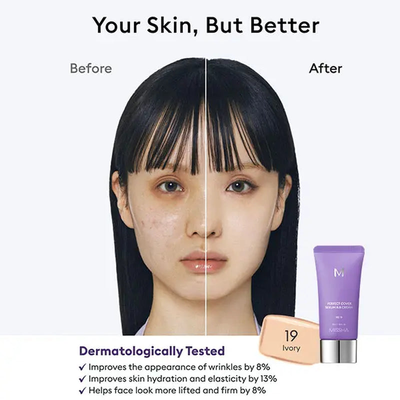 [MISSHA Official] M Perfect Cover Serum BB Cream (35Ml) - Bifida Ferment Lysate Serum-Infused BB Cream for Anti-Aging Skin Rejuvenation, Skin Tint, Tinted Moisturizer, Skin Care Foundation Makeup,Superfood Complex,Glass Skin Cardibb OGBB Purplebb