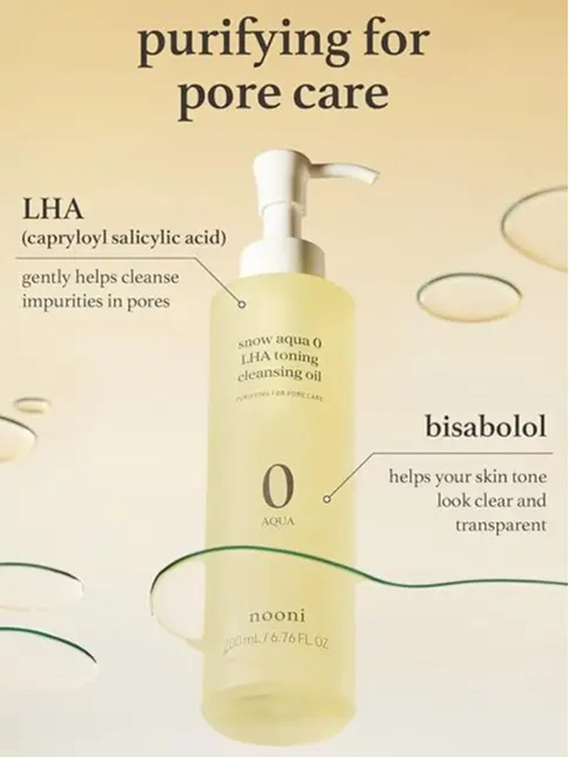 NOONI Korean Cleansing Oil - Snow Aqua 0 LHA Toning Pore Care Korean Facial Oil Cleanser, 6.76 Fl.Oz | Makeup Double Cleansing, Glass Skin, Eggie Skin, Blackhead Control, Pore Cleansing Oil for Face Makeup Remover Clear