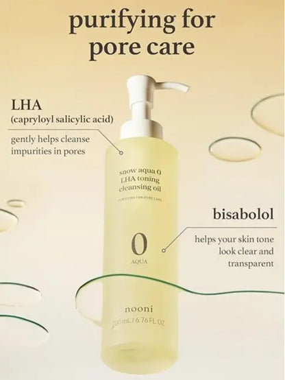 NOONI Korean Cleansing Oil - Snow Aqua 0 LHA Toning Pore Care Korean Facial Oil Cleanser, 6.76 Fl.Oz | Makeup Double Cleansing, Glass Skin, Eggie Skin, Blackhead Control, Pore Cleansing Oil for Face Makeup Remover Clear
