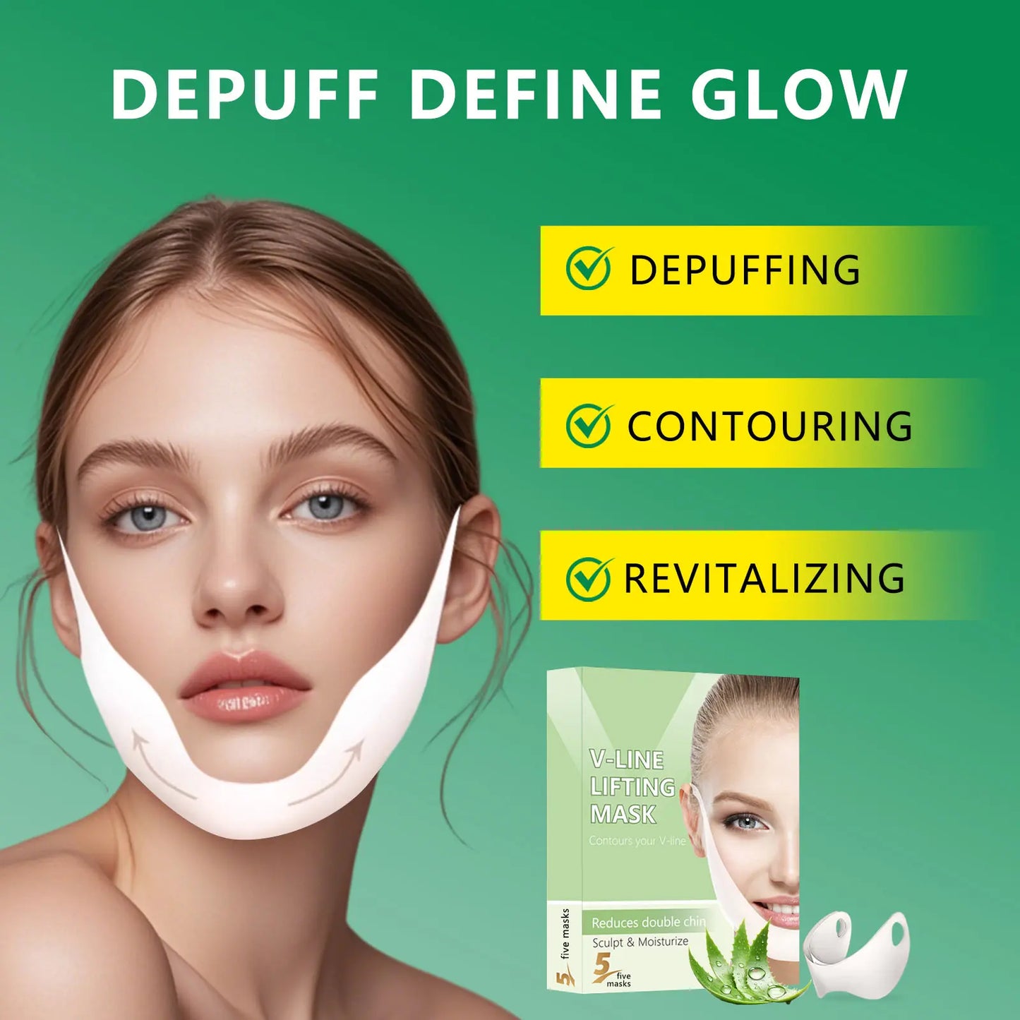 V-Line Lifting Mask | Daily Hydrating Skincare | Reduces Double Chin & Depuffs | Aloe & Hyaluronic Acid | 5 Masks | Stretchy Fit for All Face Shapes | Pre-Event Quick Fix | Unisex