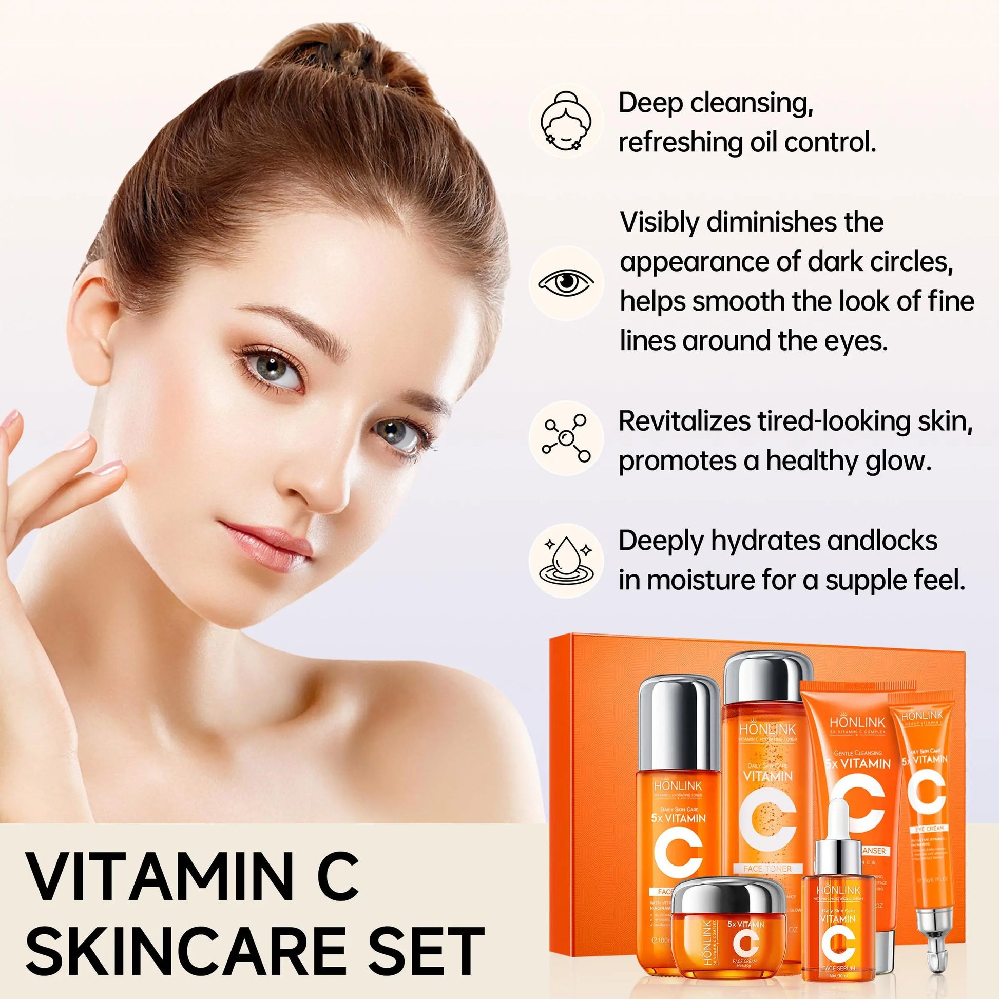 Korean 5X Vitamin C Skincare Set, 6-In-1 Skincare Gift Set with Cleanser, Toner, Serum, Lotion,Eye & Face Cream - Moisturizing Skincare Kit