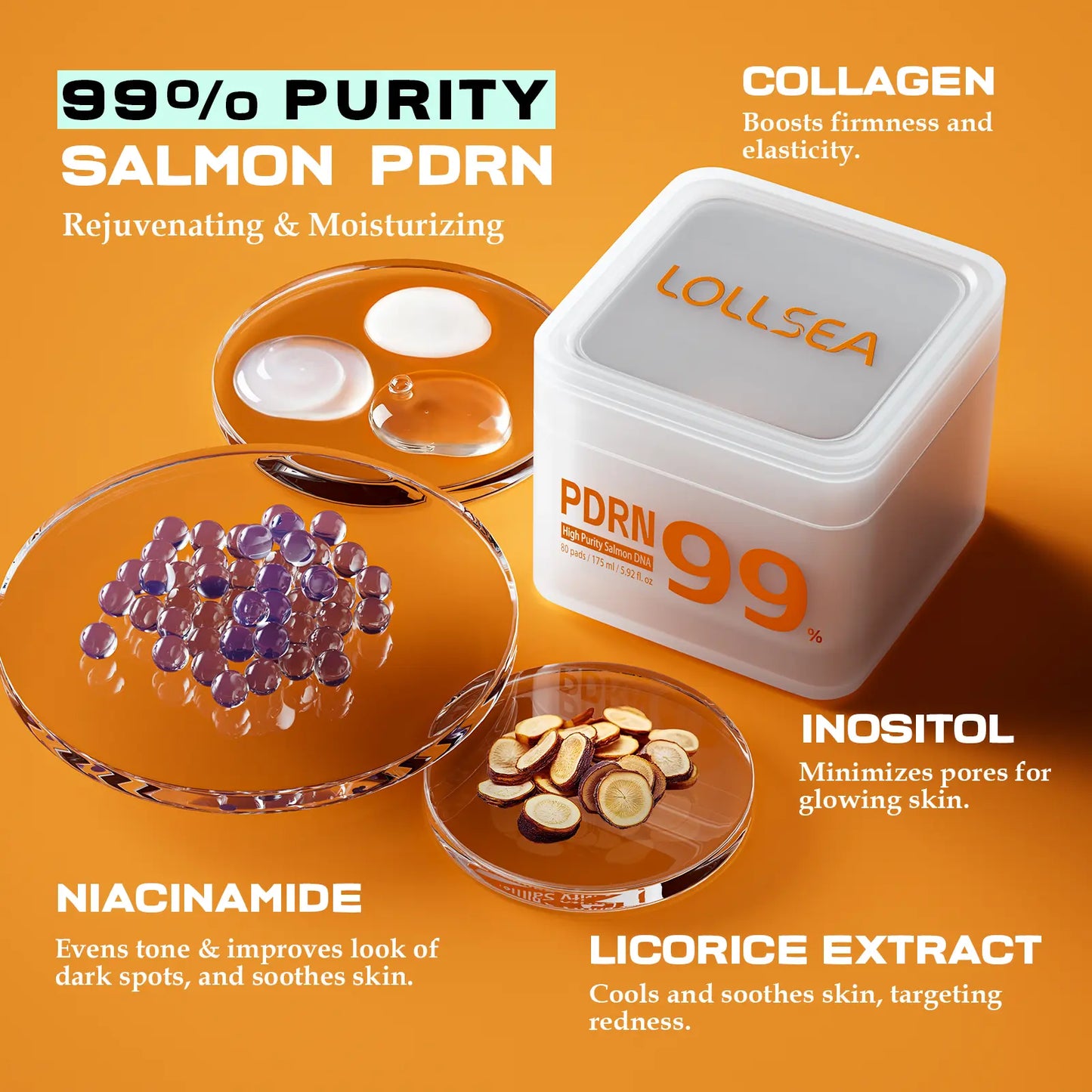 LOLLSEA Korean Tech PDRN 99% Salmon DNA Toner Pads | Viral K-Beauty Collagen & Niacinamide Glow Pads for Barrier Support | Soothing & Pore Smoothing Treatment for Glass Skin | Tone Evening & Hydrating (80 Pads)